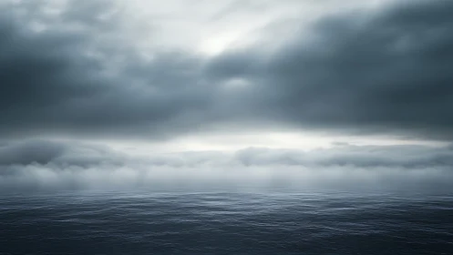 Brooding ocean hush beneath low storm-breeding clouds.