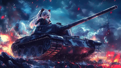 Anime style girl positioned on military tank in battle scene.
