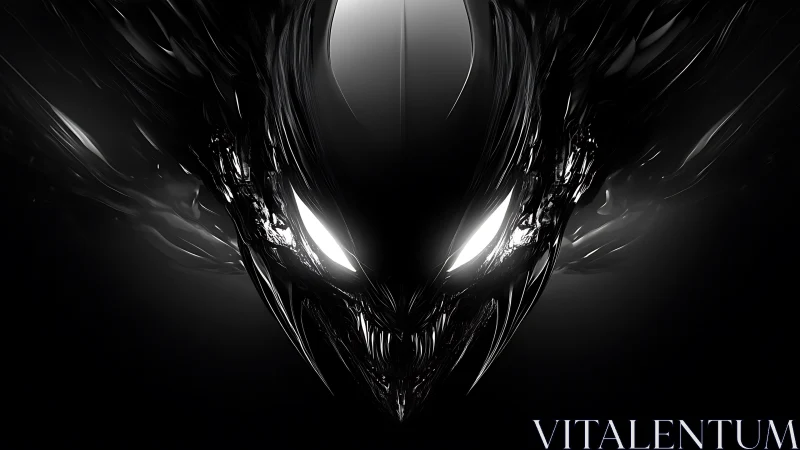 Specular black biomechanoid visage with emissive ocular cores.