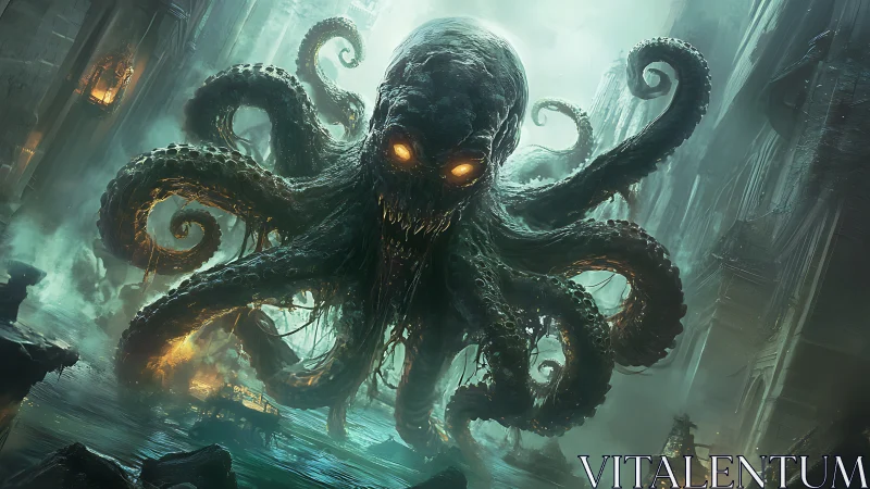 Colossal eldritch sea monster rises in a drowned cityscape