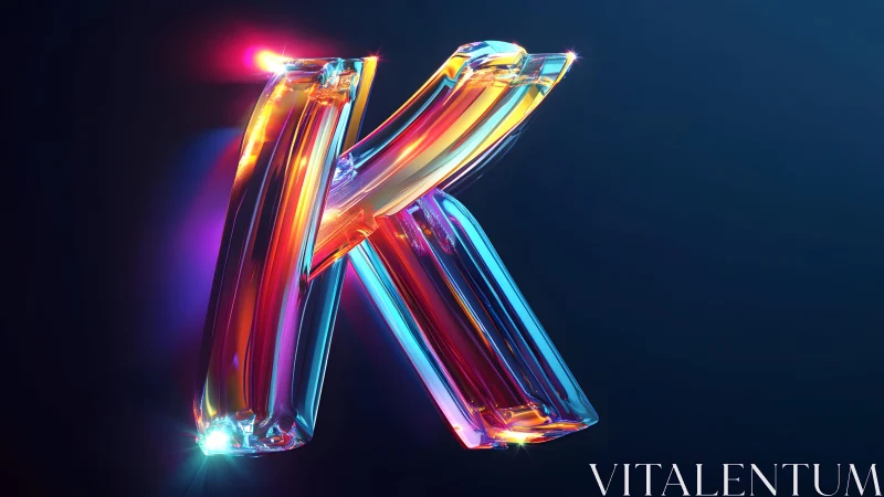 Vibrant 3D Glass Letter K with Neon Light Effects on Dark Background. Vibrant 3D Glass Letter K with Neon Light Effects on Dark Background.