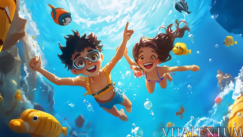 Sunlit snorkel kids racing goldfish through coral laughs.