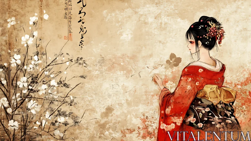 Side profile of kimono-clad woman with floral background.