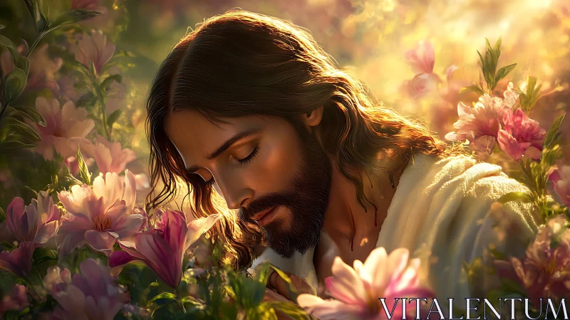 Gentle savior bowing among sunrise blossoms in quiet prayer.