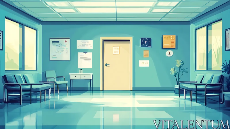 Sunlit clinic waiting room pausing in soft turquoise calm.