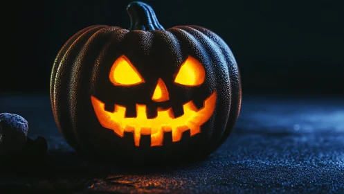 Glowing jack-o’-lantern grins in eerie Halloween darkness.