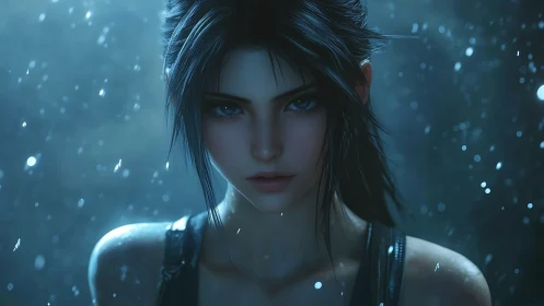 Mysterious warrior girl in shimmering blue rainlight gaze.