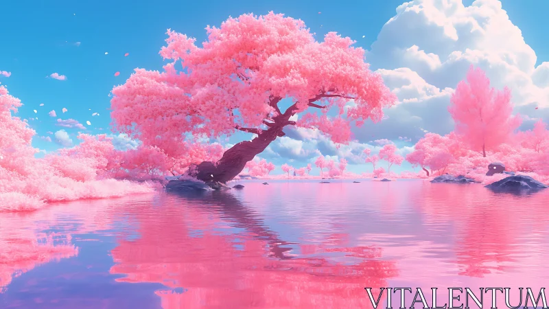 Cotton candy lakeside daydream under a vivid blue sky.