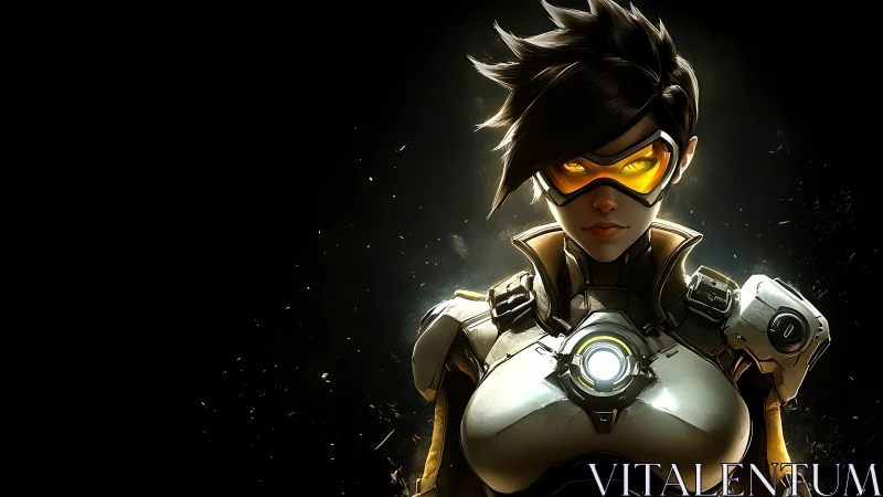 Chrono-suited heroine glares through molten amber goggles