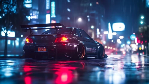 Widebody tuner car idles in neon-soaked rainy night street scene