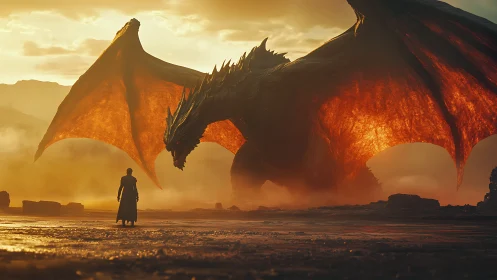 Lone figure confronts massive dragon in fiery sunset.