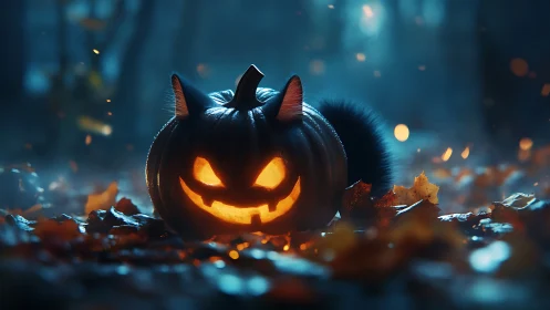 Jack-o-lantern styled as cat on forest floor at dusk.