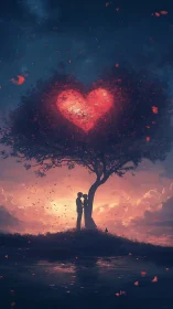 Two figures silhouetted beneath tree with glowing red heart