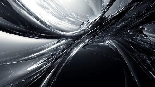 Futuristic black and silver abstract digital art with dynamic curves.
