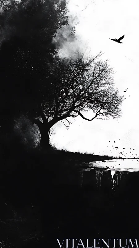 Quiet lone tree watching birds drift across a stark sky.