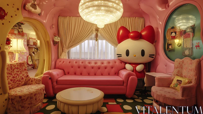 Hello Kitty themed living room with pink furniture and decor.