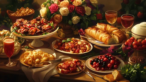 Still life depicts arranged baked goods and fruit dishes