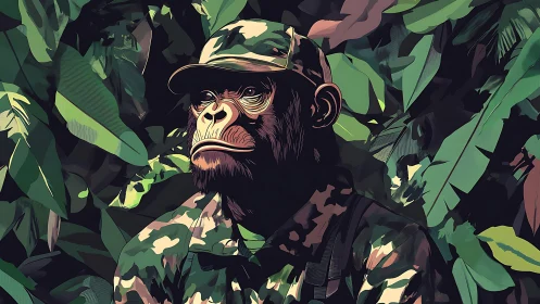 Chimpanzee in camouflage uniform within dense foliage.