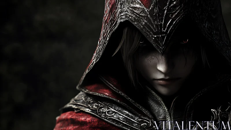 Hooded armored figure with ornate red cloak in shadowed view.