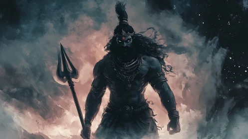 Storm-lit warrior god with trident amid swirling clouds.