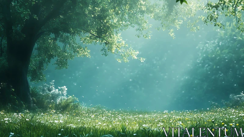 Misty Forest Meadow with Ancient Tree and Glowing Atmosphere.