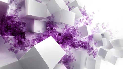 White geometric cubes with dispersed purple crystal shards.