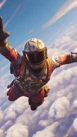 Skydiver in camouflaged suit descending above cloud layer.