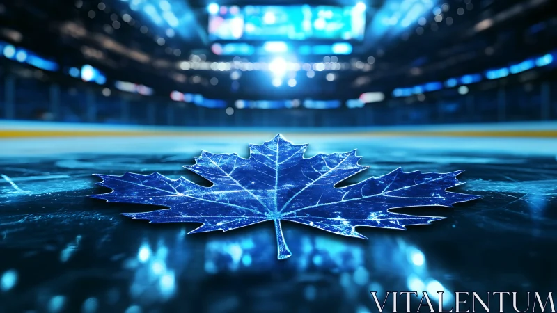Digital maple leaf graphic lies centered on illuminated ice rink