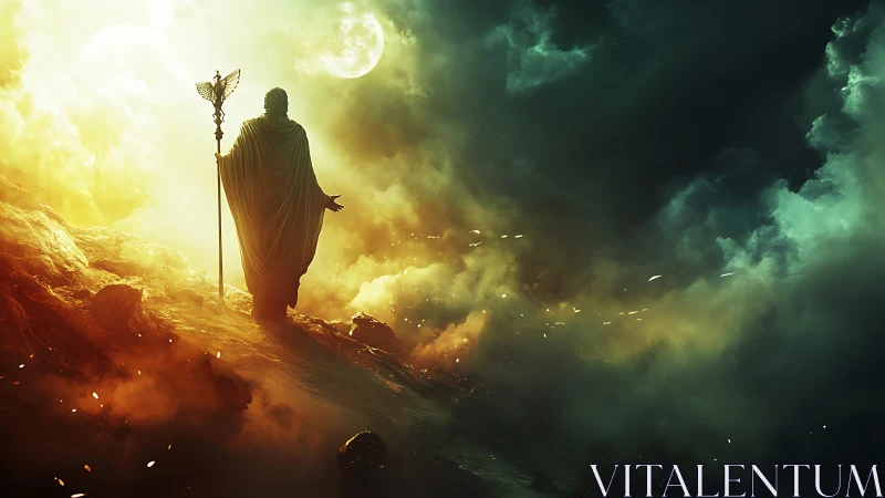 Cloaked mage ascends a burning ridge under a spectral moon