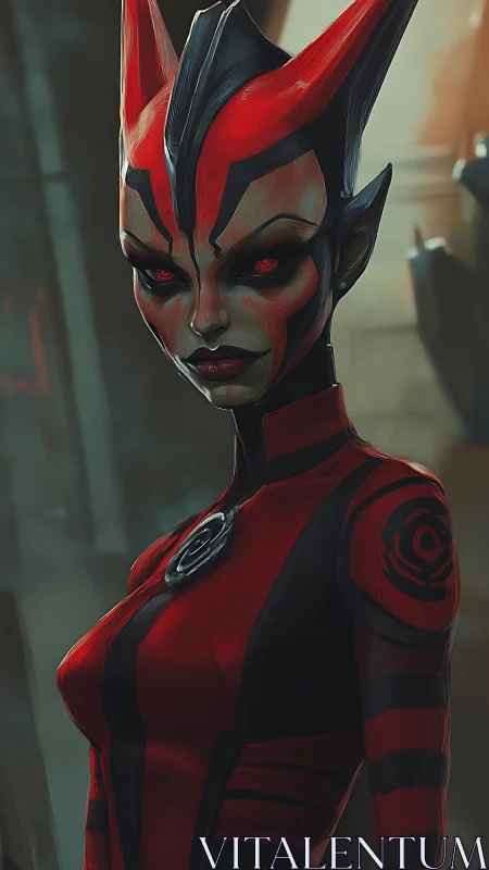 Red and black horned humanoid in futuristic uniform profile.