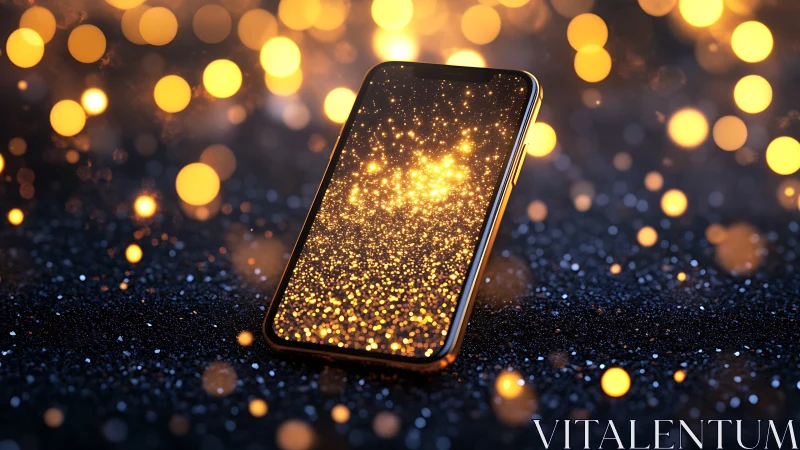 Smartphone with luminous bokeh field and glittering display surface.