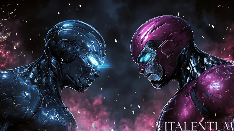 Neon clash of twin robots in a crackling cosmic standoff.