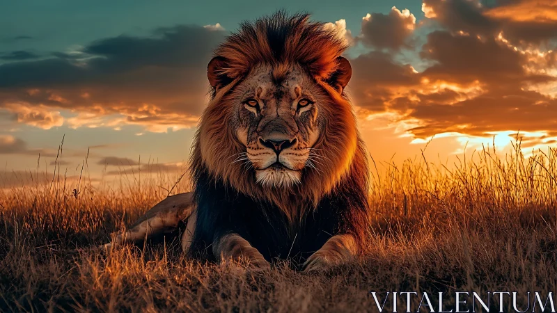 Golden hour lion resting proudly on glowing savanna.