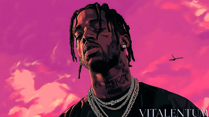 Digital portrait of tattooed rapper under vivid magenta sky