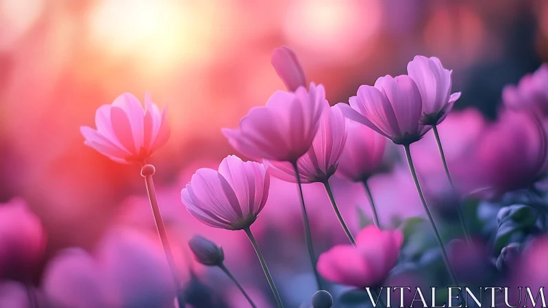 Cosmos Blooms Dance: Pink Petals Swaying in Dreamlight.