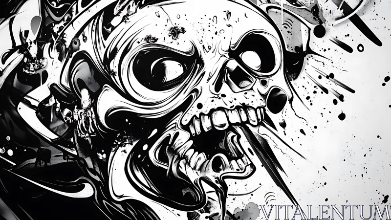 Skull illustration shows dynamic splatter and distorted jaw