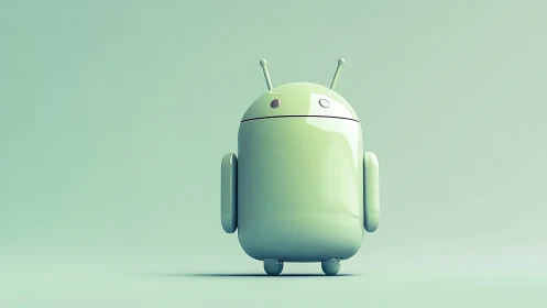 Mint-gloss Android-inspired robot in minimal 3D studio.