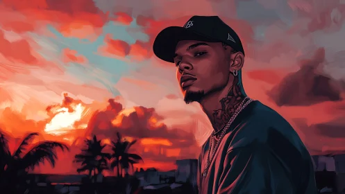 Tattooed urban figure watches a neon-tinted tropical sunset.