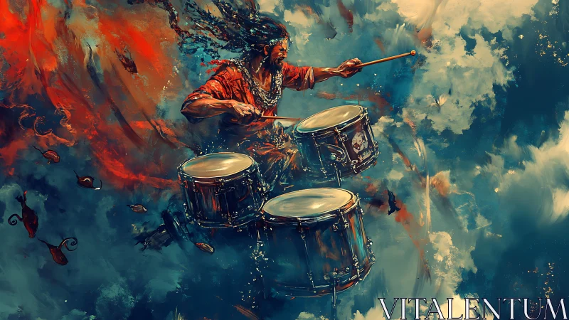 Dynamic drummer suspended in abstract storm of color and motion