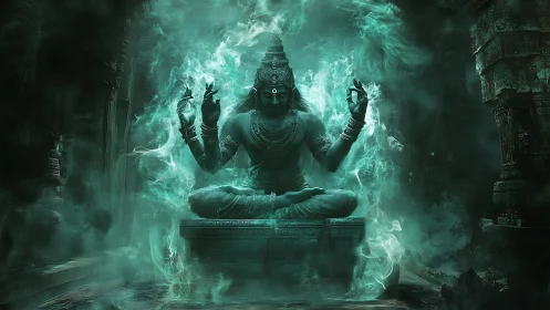 Mystic deity sits in swirling emerald smoke, radiating calm