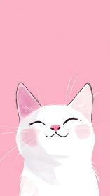 White Cat with Closed Eyes Against Pink Background