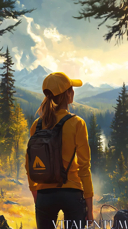 Sunlit trailblazer gazes over ember-gold mountain wilds.