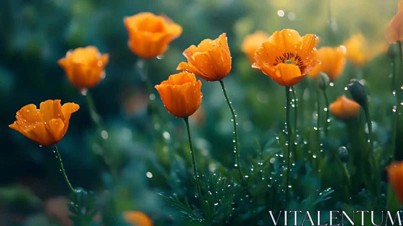Orange tulips with water droplets in morning light and green garden setting