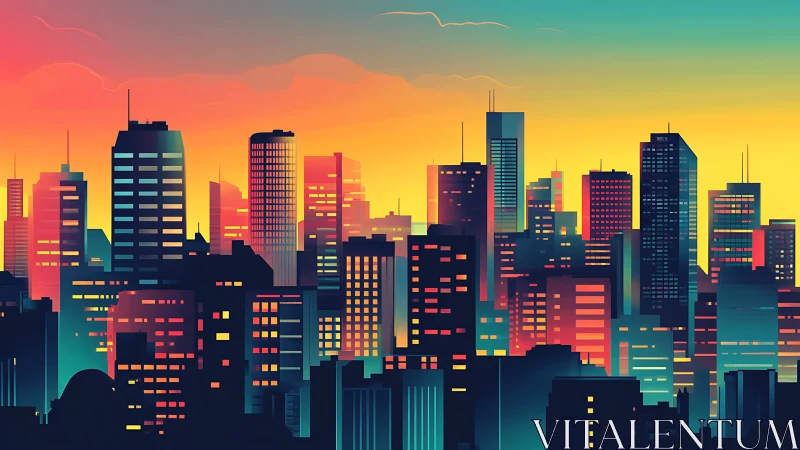 Neon dusk skyline where glass towers sip molten sunlight.