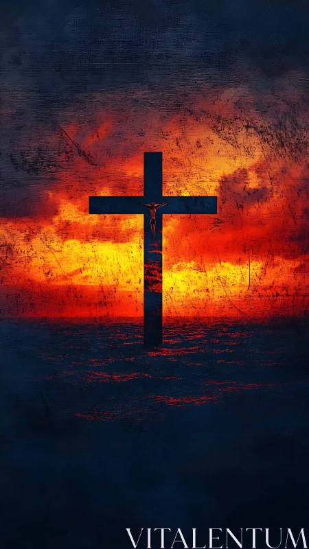 Cruciform horizon cuts through a storm of molten sunset fire