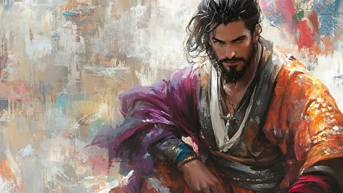 Storm-eyed wanderer leans into a blizzard of fractured color