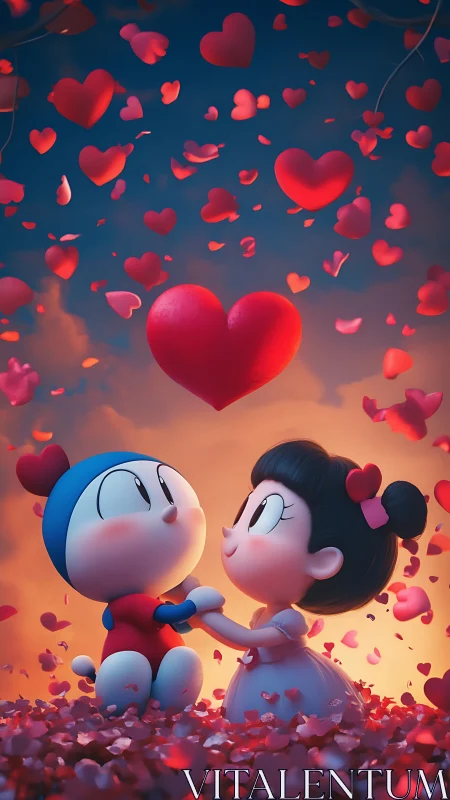 Two souls discover magic beneath cascading crimson hearts