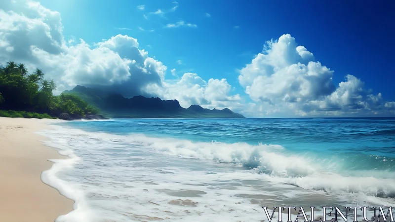 Sunlit surf kisses a secluded tropical mountain shoreline.