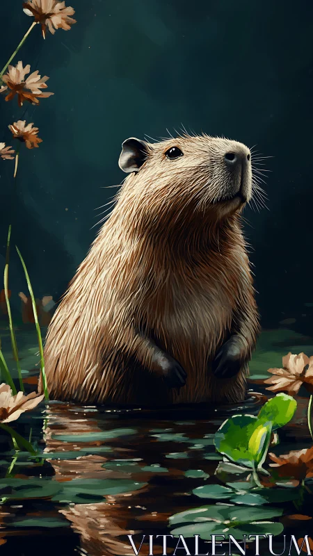 Pond philosopher capybara rises like a furry, tranquil moon