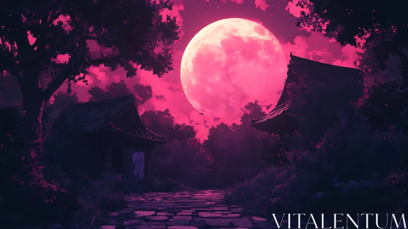 Oversized magenta moon illuminates silhouetted shrine roofs and path